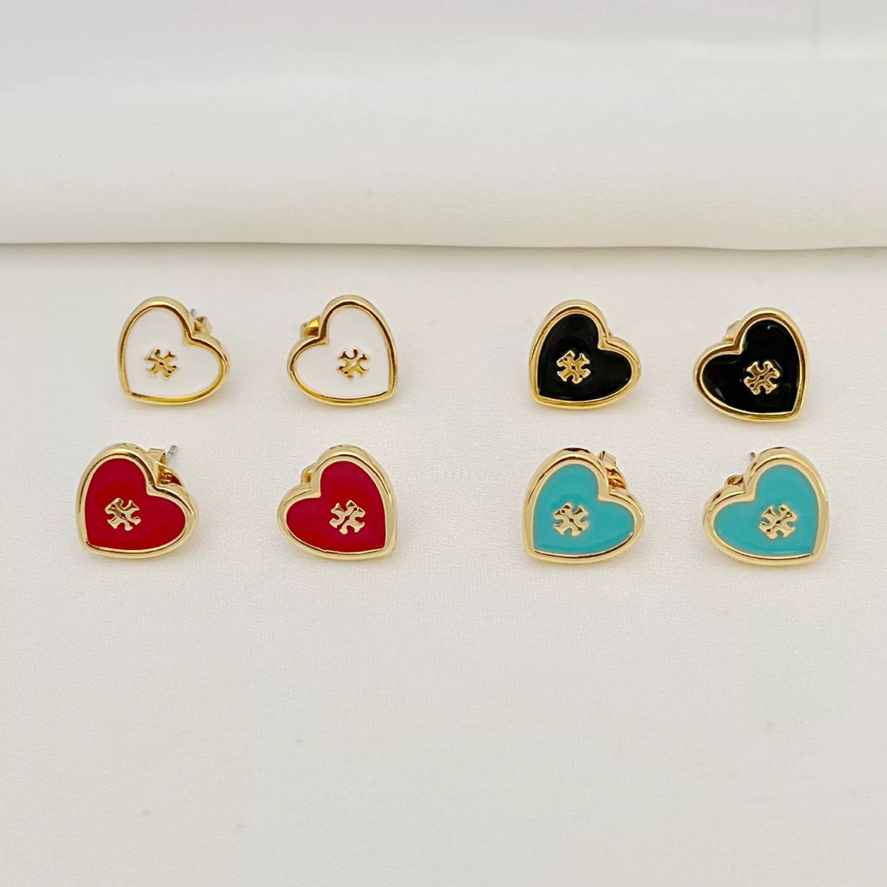 Tory Burch Gold Plated Copper Enamel Inlay Delicate Double Heart Earrings